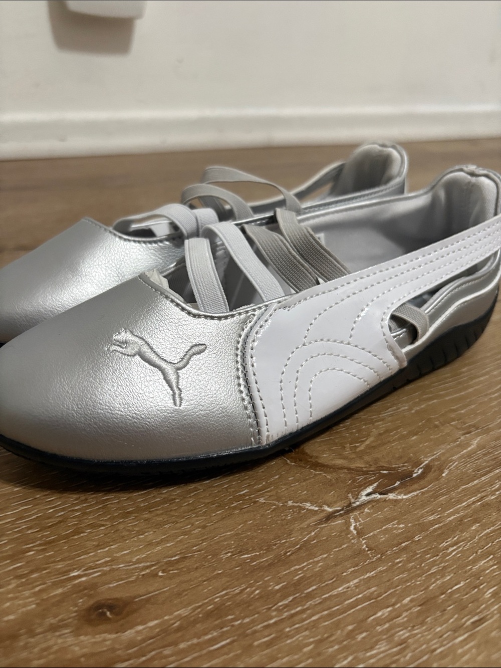 Puma Silver and White Slip-On Ballet Flats with Elastic Straps